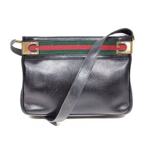 Auth Old Vintage Gucci Black Polished Leather Sherry Line Web Shoulder Bag